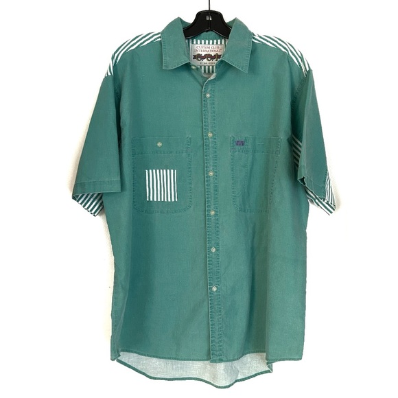 Vintage Van Heusen Teal Green Men’s Button Up T Shirt White Stripes XL Cotton - Picture 2 of 13